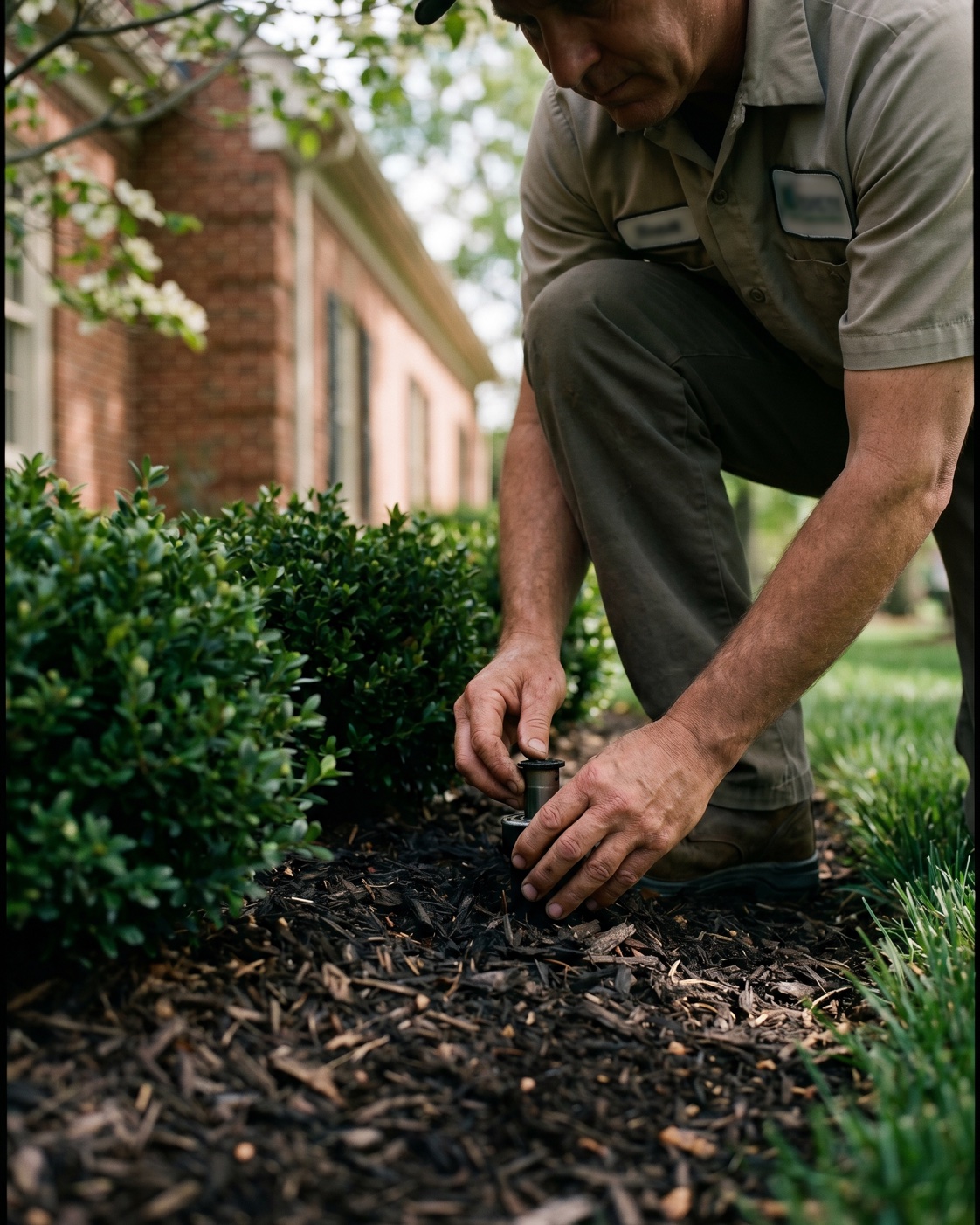 ManageMowed technician inspecting an irrigation head in a mulched bed outside a red-brick Henrico office building