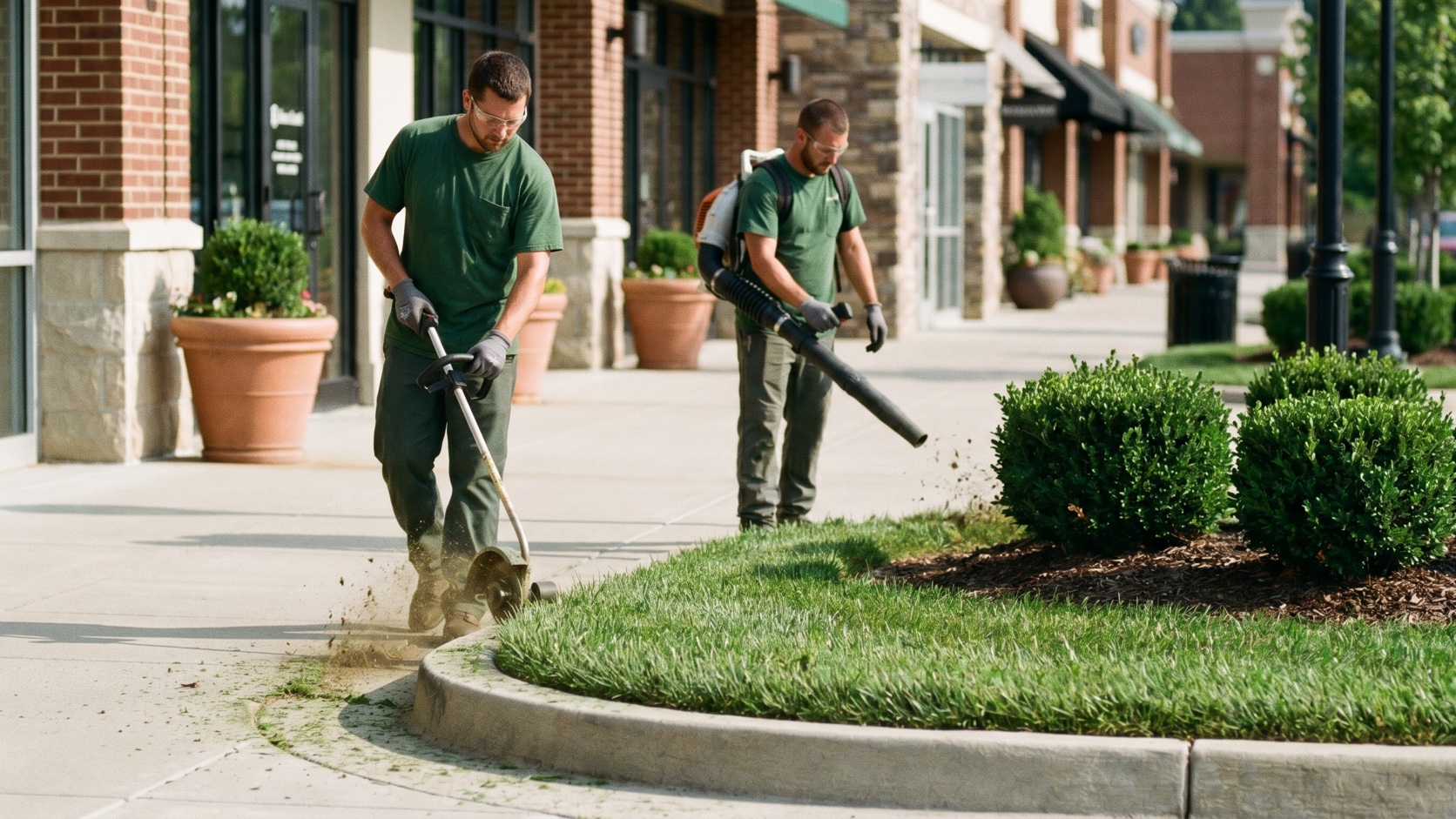 ManageMowed crew edging turf and blowing walkways at an open-air retail center on Henrico's West Broad Street corridor