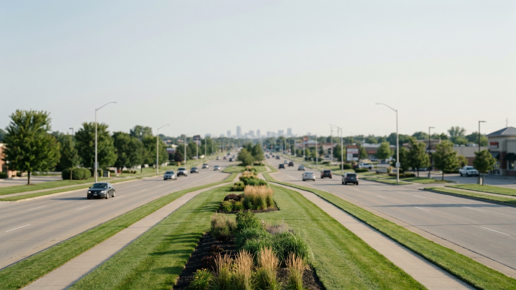 Soft elevated view of the tree-lined West Broad Street commercial corridor in Henrico with the Richmond skyline in the distance