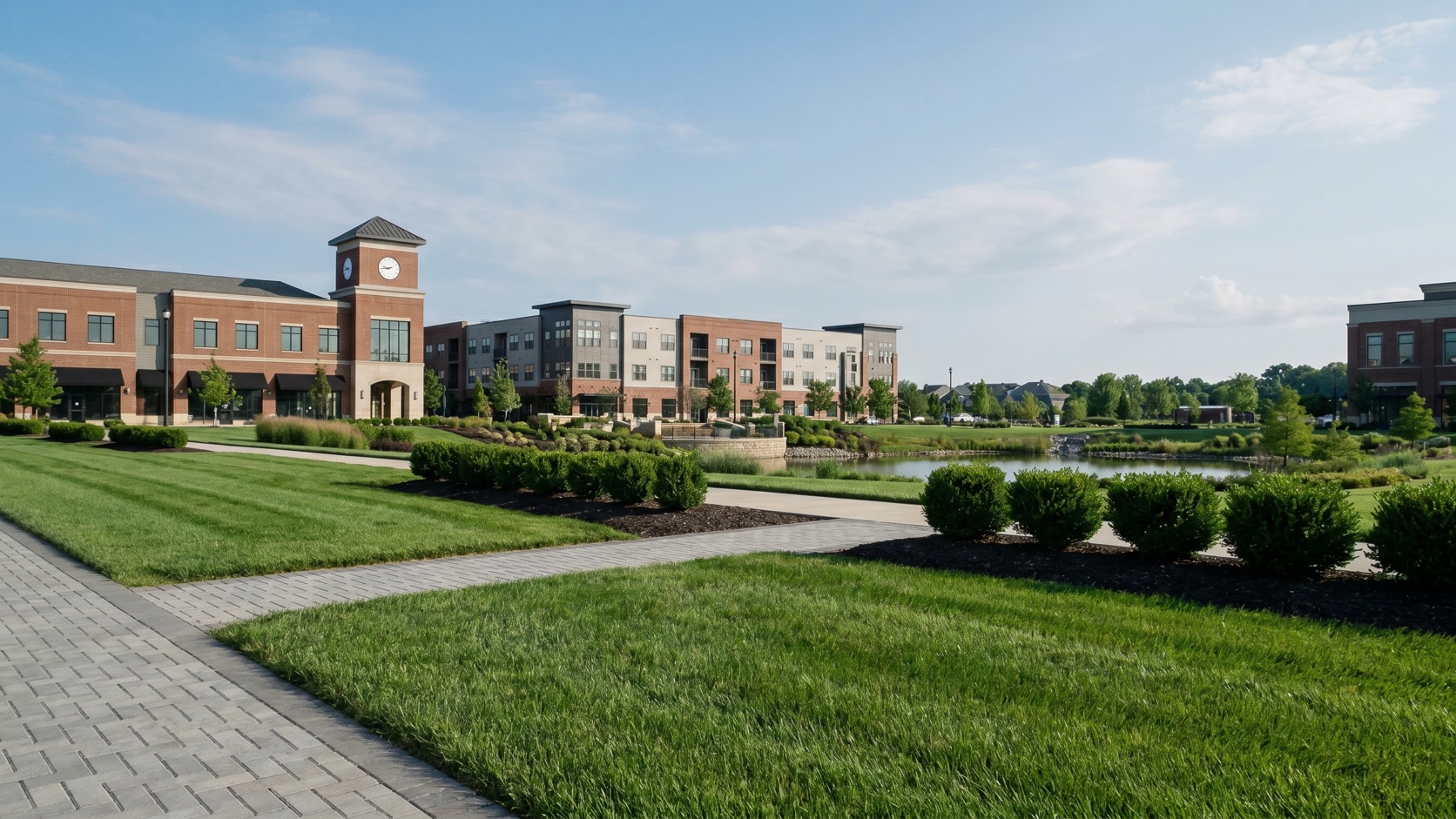 Clean modern mixed-use commercial exterior with manicured landscaping in Henrico's Libbie Mill area